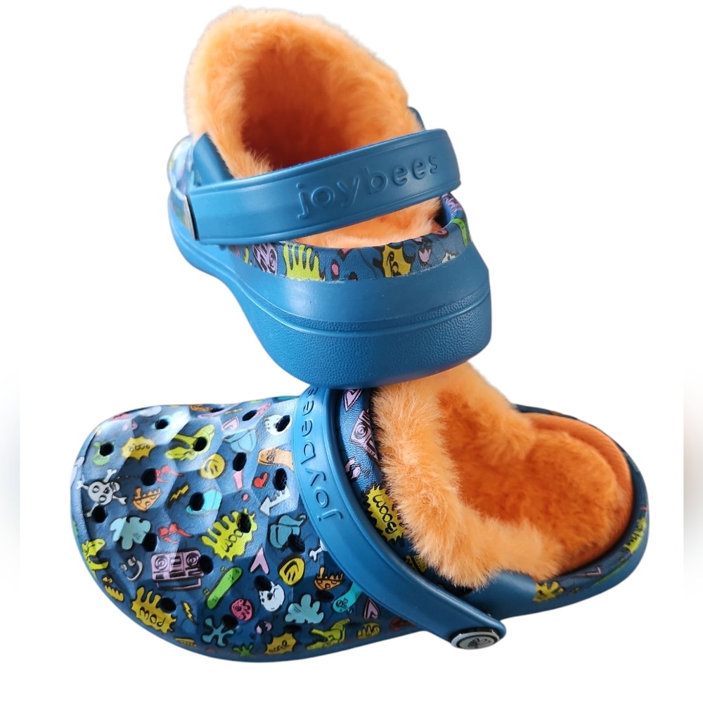 Joybees Size 10 New Kids Blue Graphic Clogs With Orange Removable Washable Liner